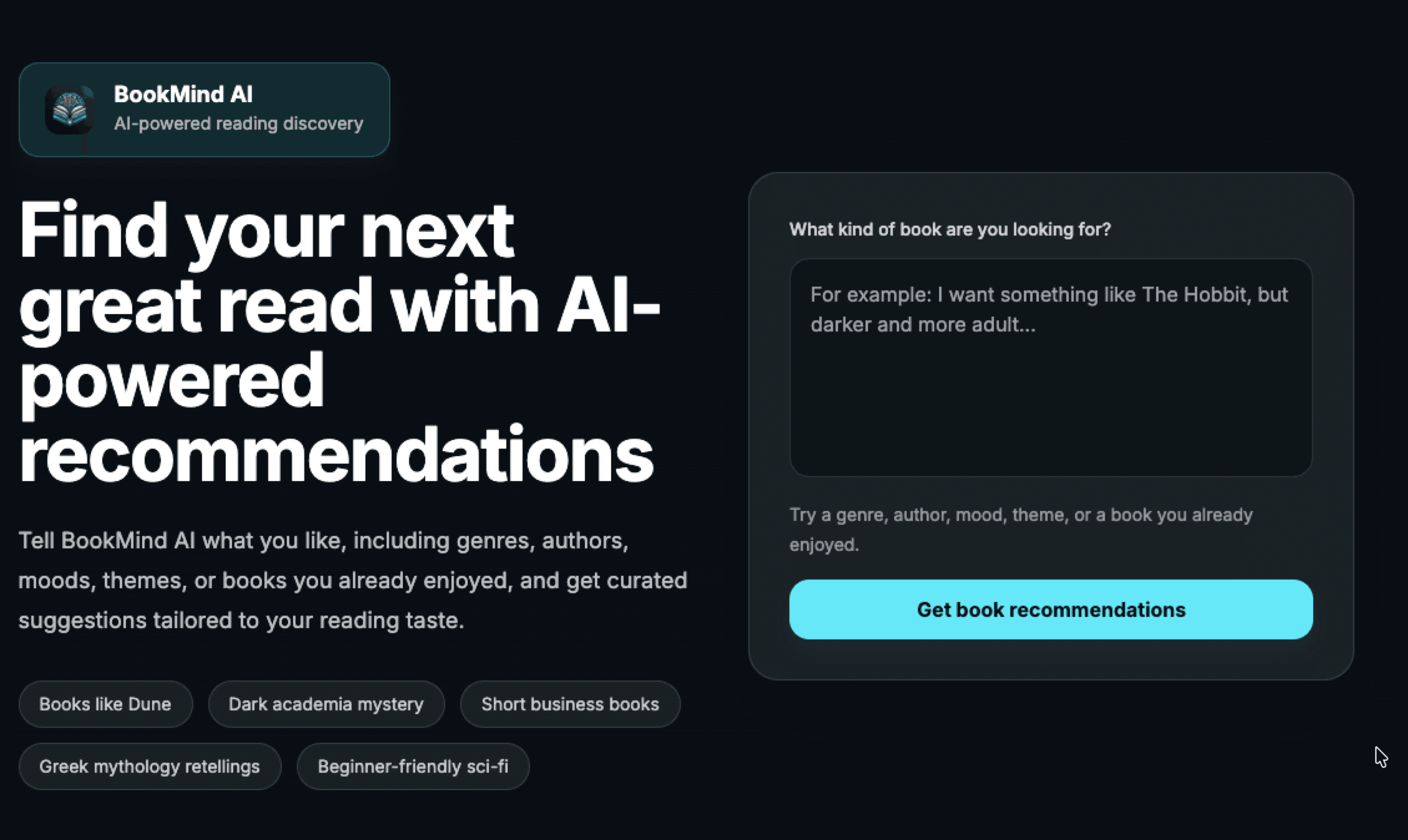 BookMind AI app interface showing the AI-powered book recommendation form